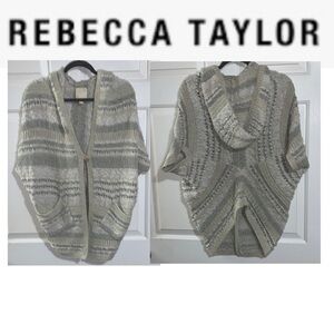 🍇 REBECCA TAYLOR Cozy Gray Beige Stripe Knit Short Sleeve Hoodie Cardigan XS / S